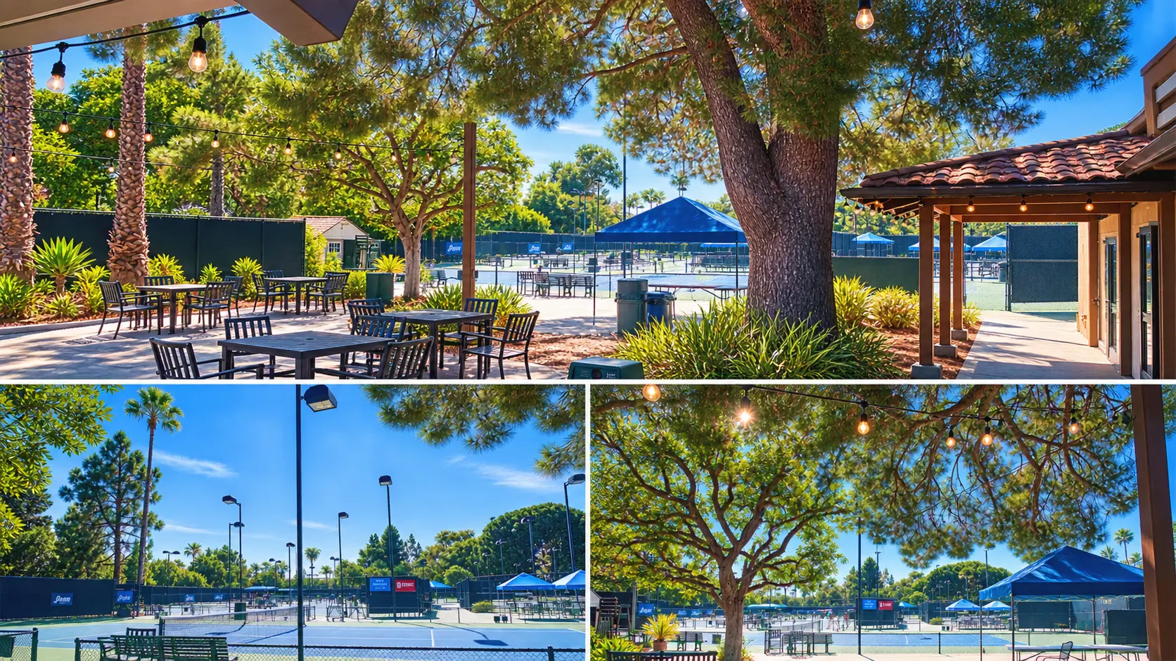 Courtyard and courts at Anaheim Tennis and Pickleball Center