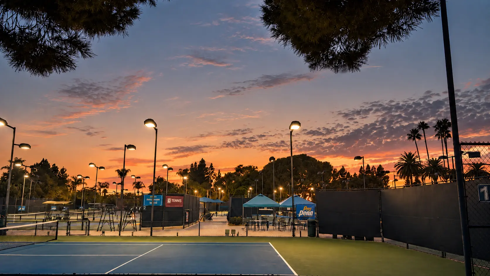 Anaheim Tennis and Pickleball Center courts at sunset