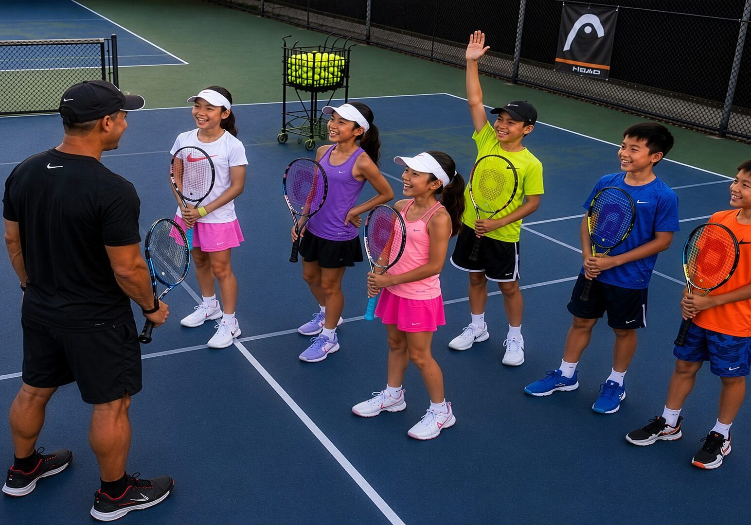 Tennis coach with kids smiling